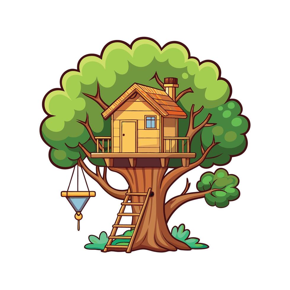 Charming Treehouse with Rope Bridge Design vector
