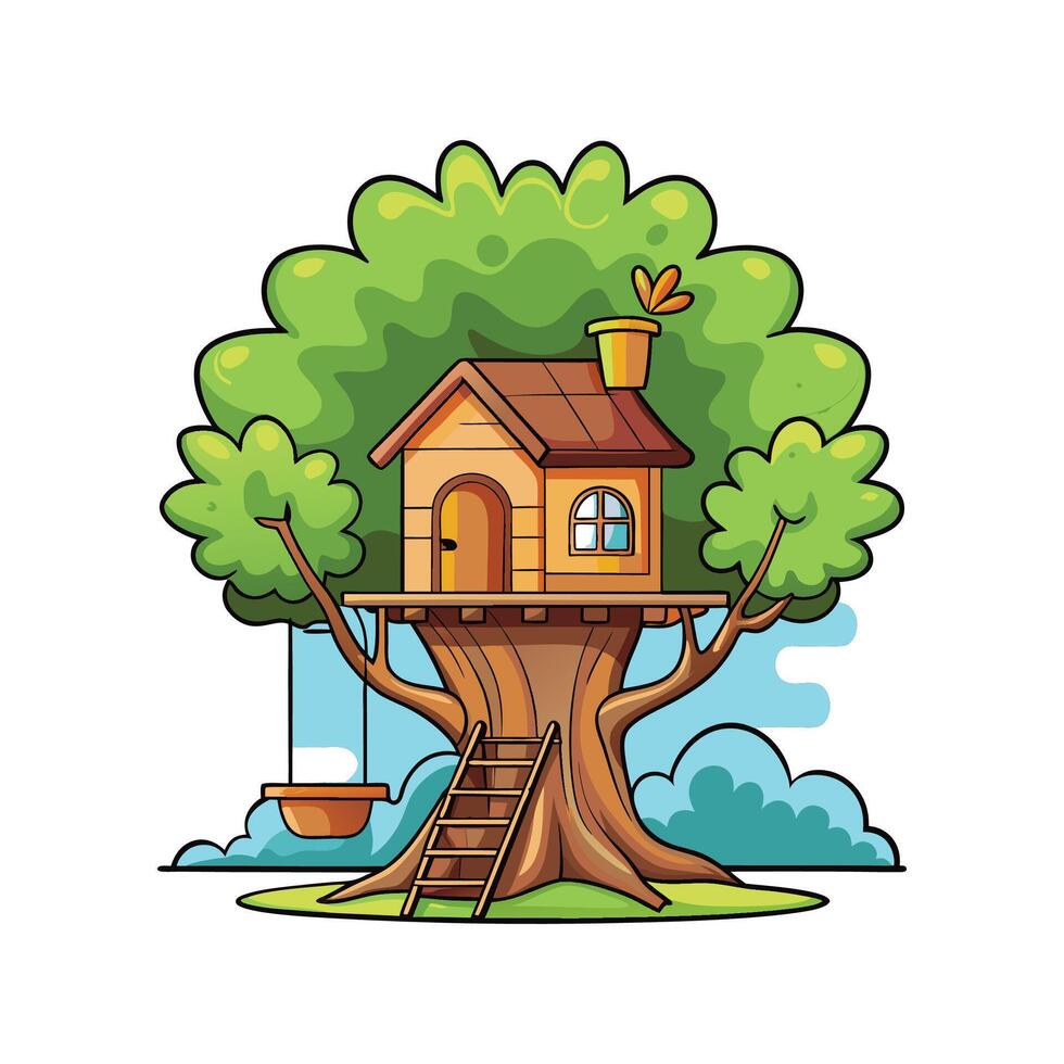 Cartoon Treehouse with Rope Bridge vector