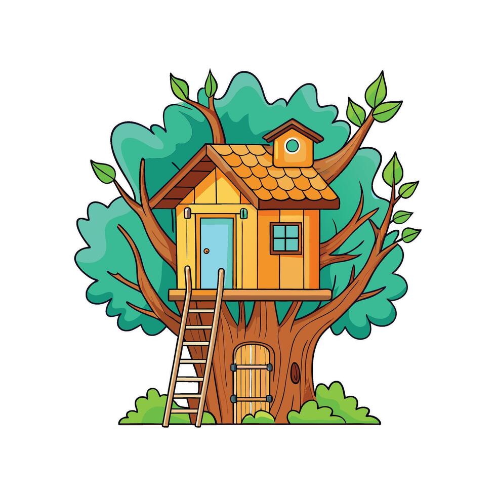 Charming Treehouse Nestled Among Branches vector