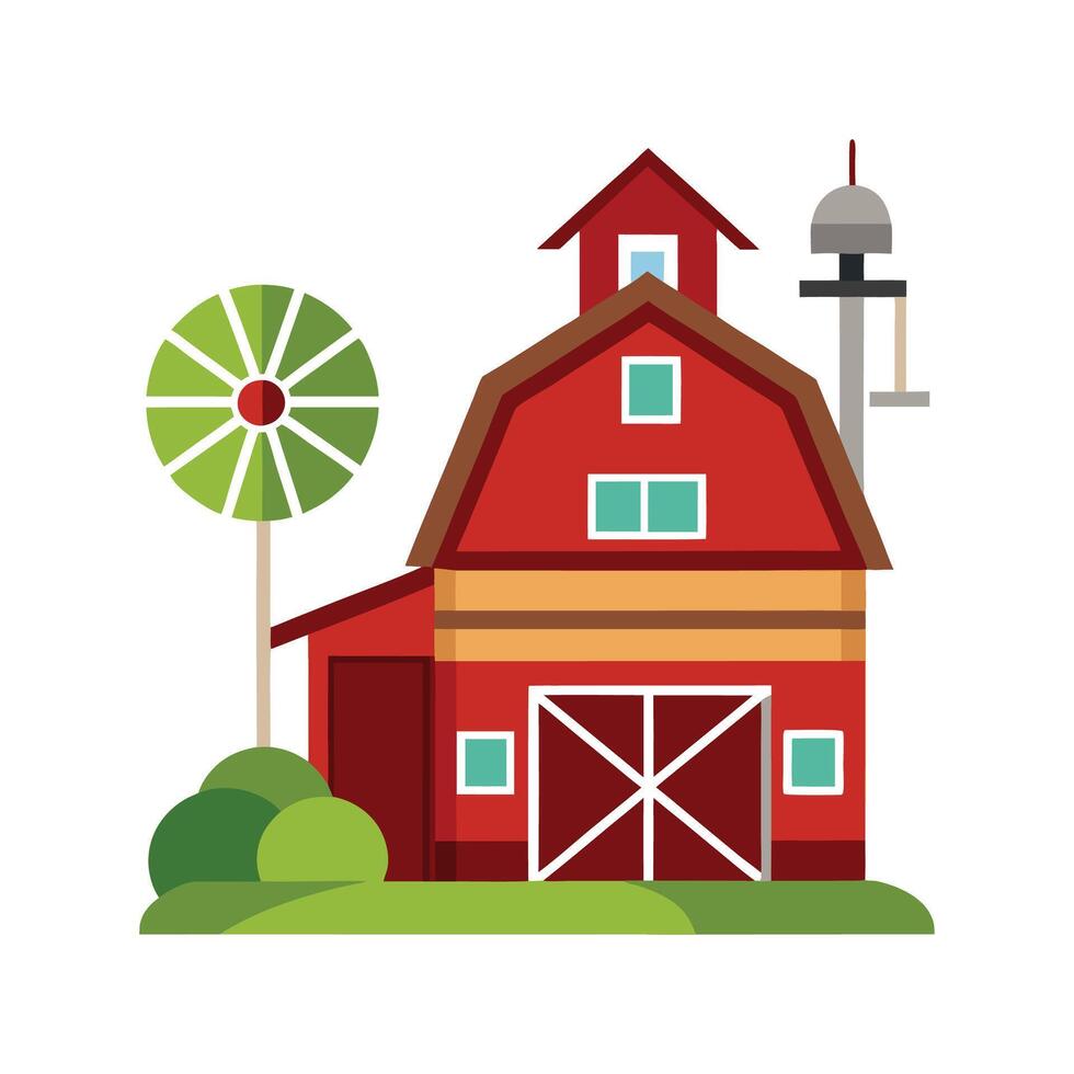 Elegant Red Barn with Windmill vector