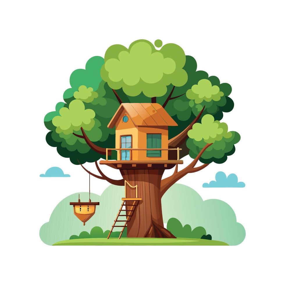 Elegant Treehouse with Rope Bridge vector