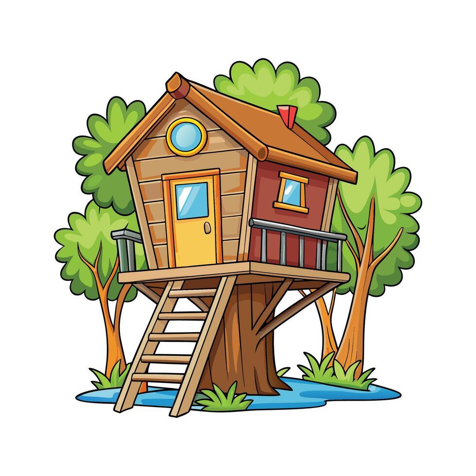 Charming Treehouse with Planks and Ladder vector