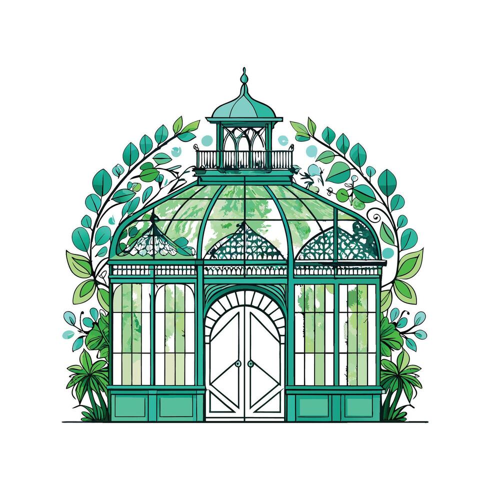 Elegant Victorian Greenhouse with Glass Panels vector