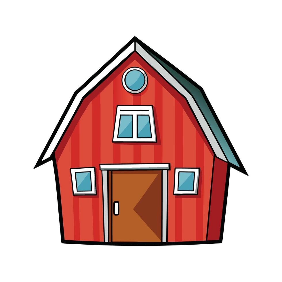 Red Barn House Design with Front Door. vector
