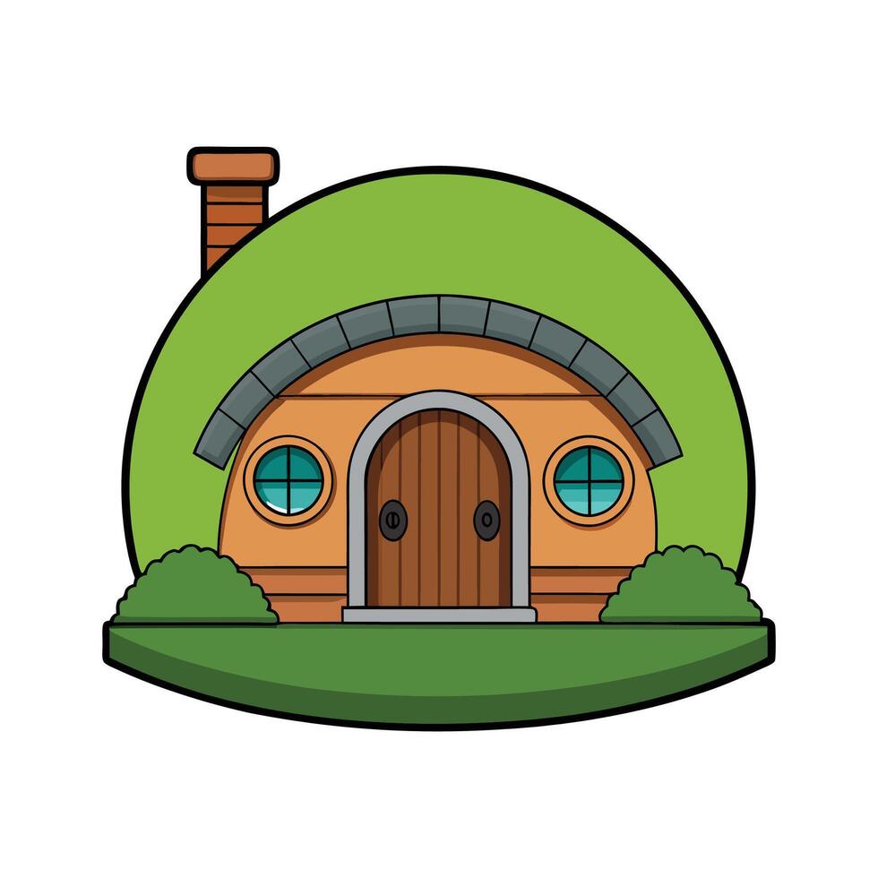 Creative Hobbit House Built into Hill Design. vector