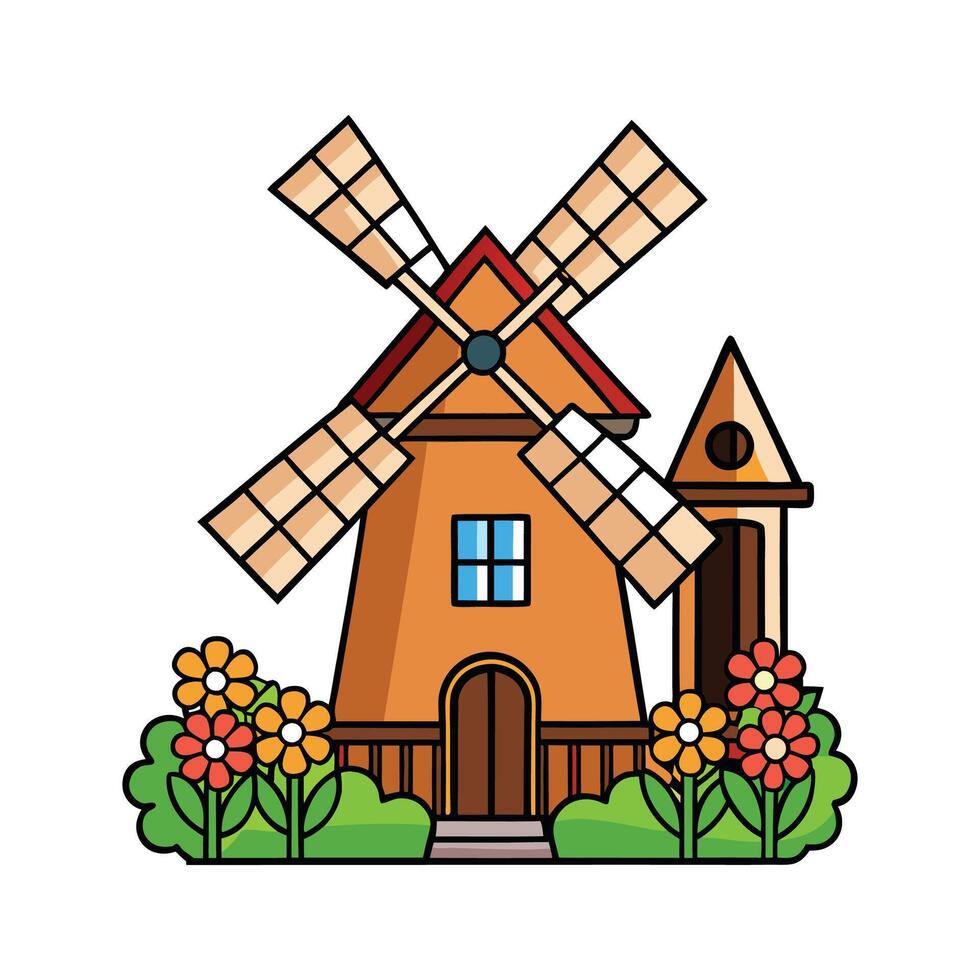 Illustration of Windmill House with Garden. vector
