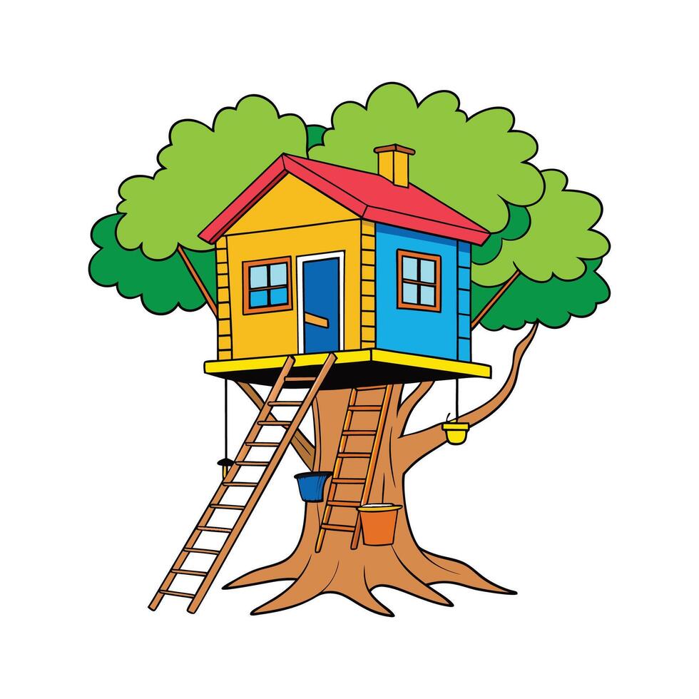 Unique Treehouse with Rope Ladder Design. vector