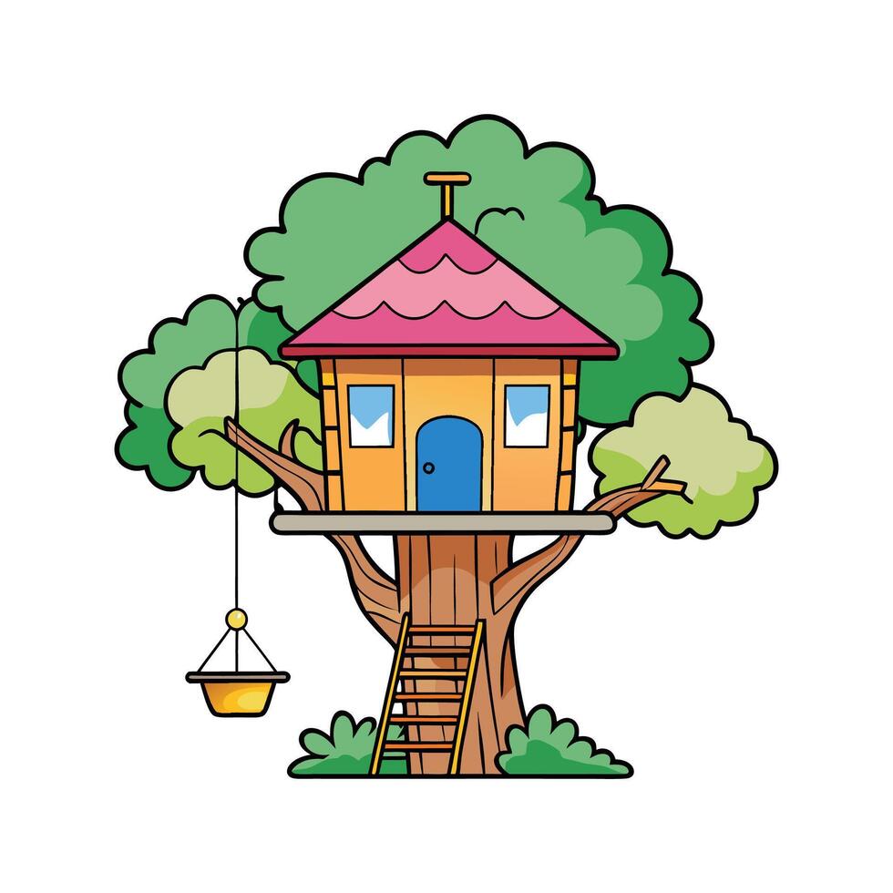 Treehouse Design with Swinging Rope. vector