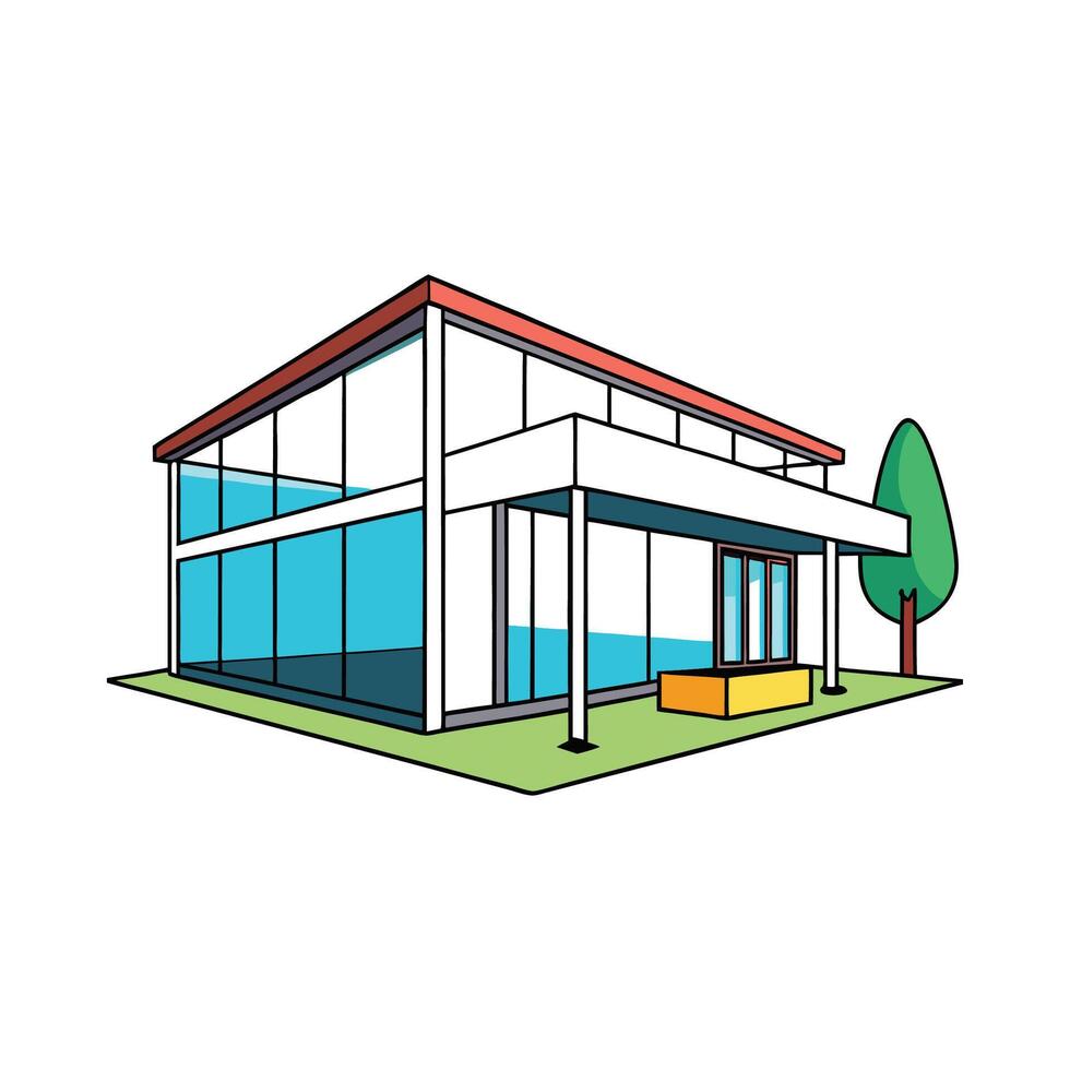 Unique Modern Glass House with Flat Roof. vector