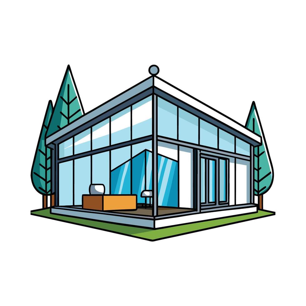 Stylish Open Floor Plan Glass House. vector
