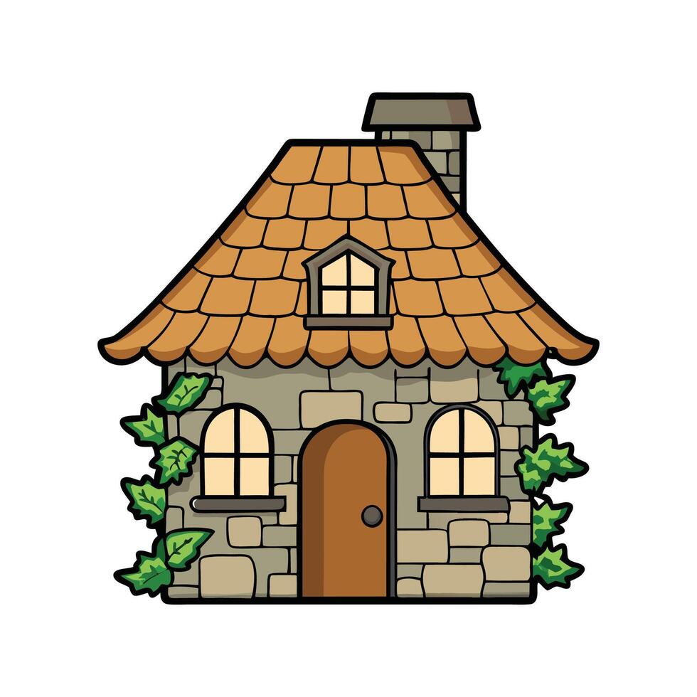 Unique Rustic Stone House with Ivy. vector