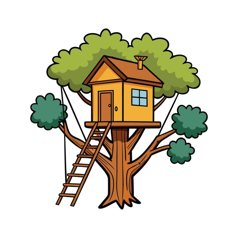 Charming Treehouse with Rope Bridge. vector