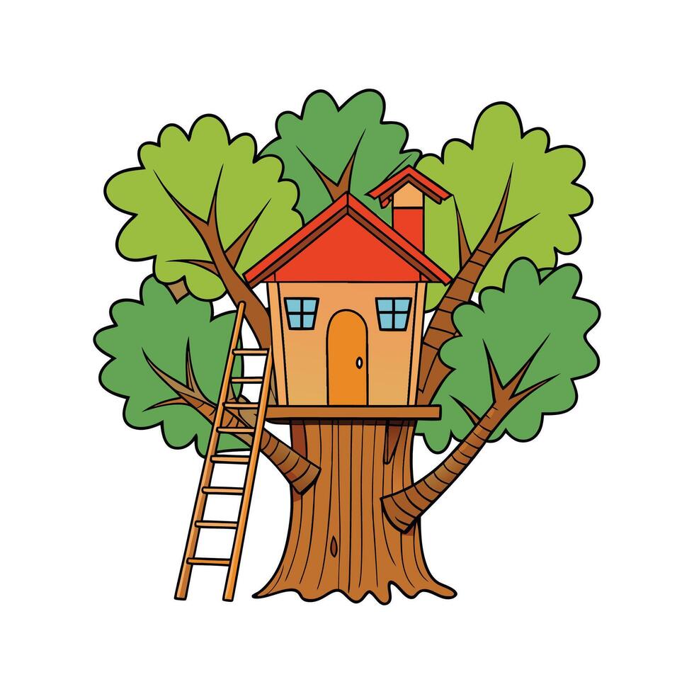 Charming Treehouse Nestled Among Branches. vector
