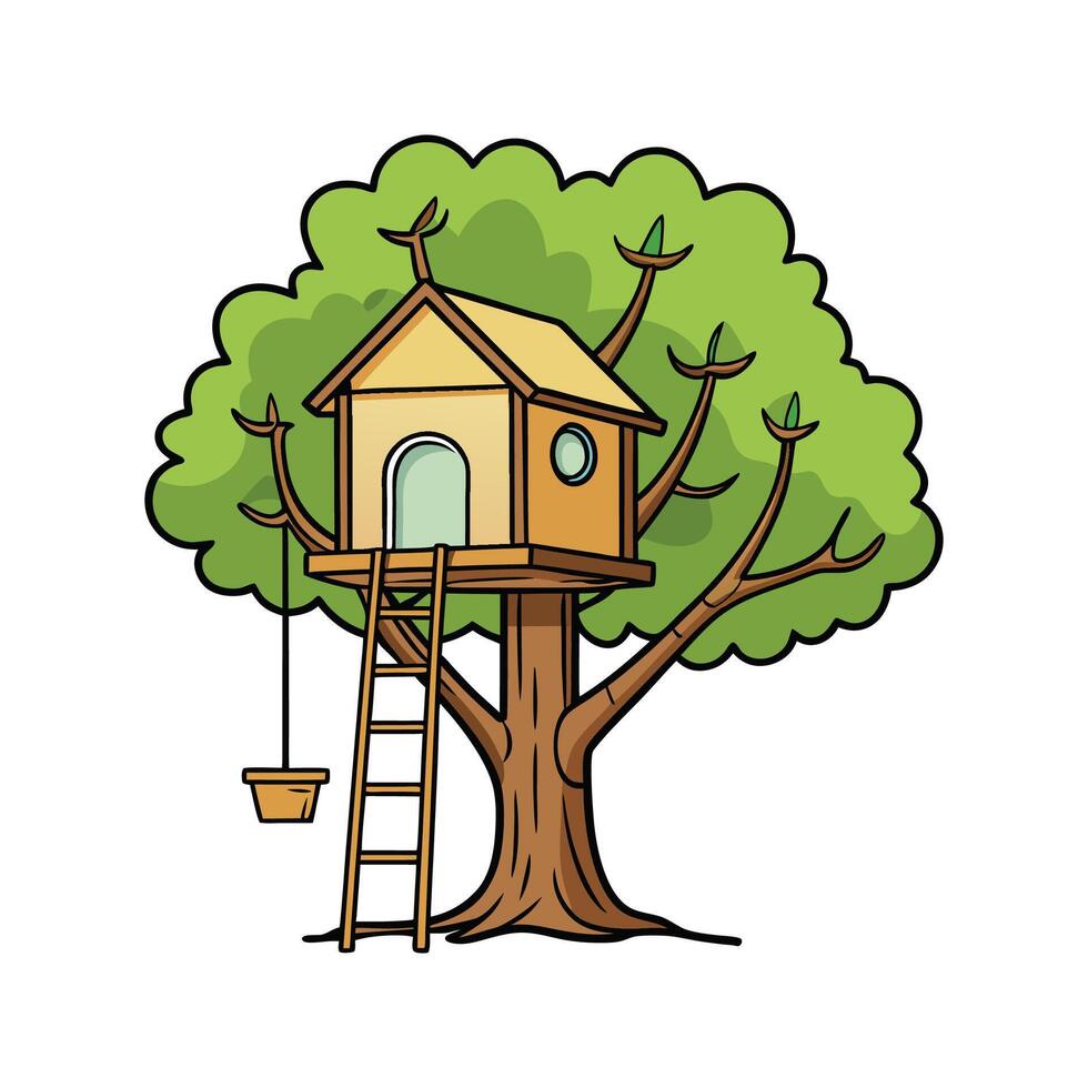 Elegant Treehouse with Rope Ladder. vector