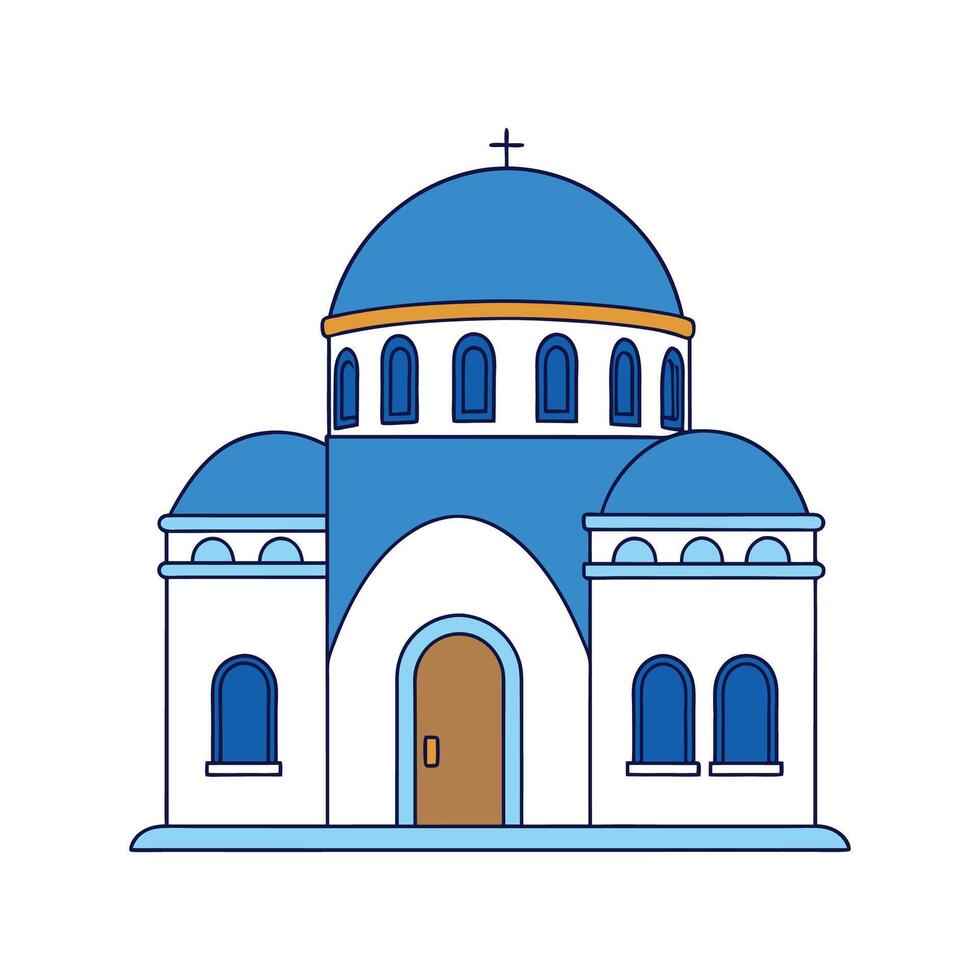 Greek Villa with Blue Roof and White Walls. vector
