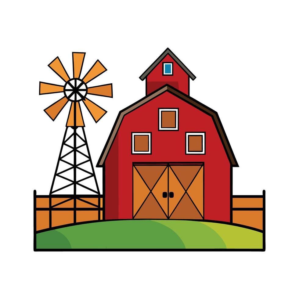Elegant Red Barn with Windmill. vector