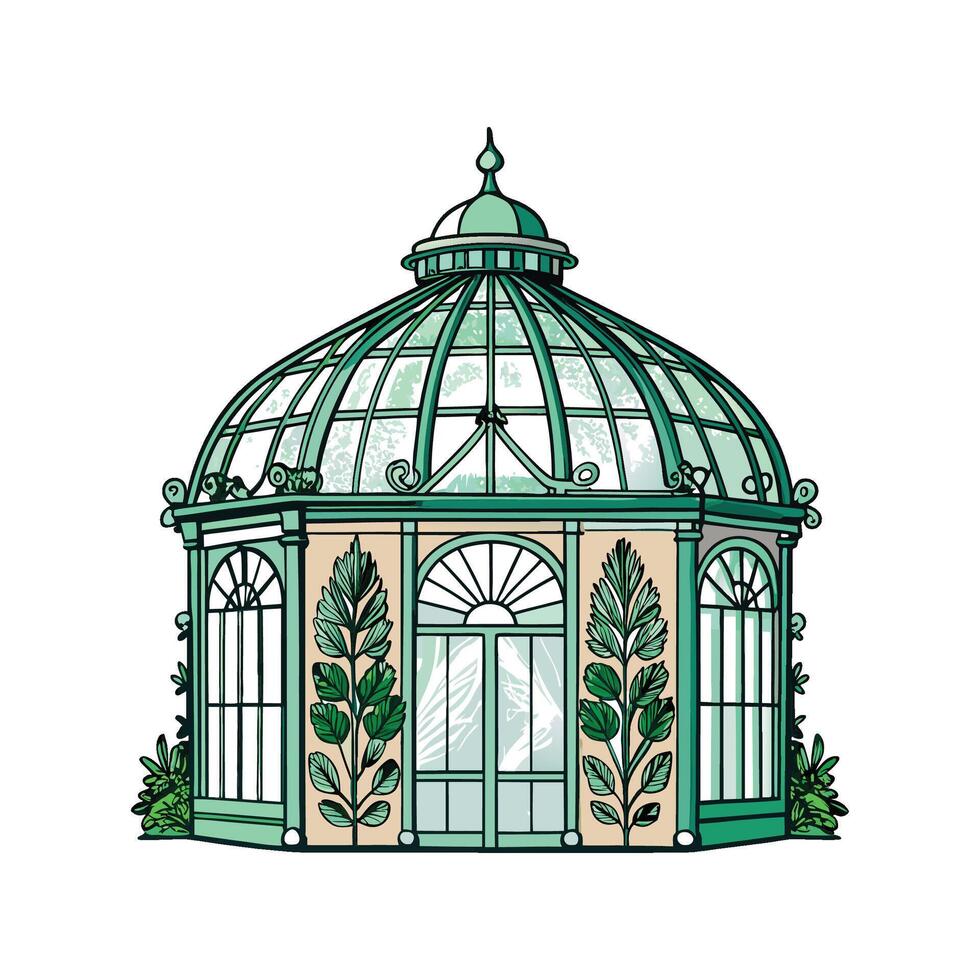 Elegant Victorian Greenhouse with Glass Panels. vector