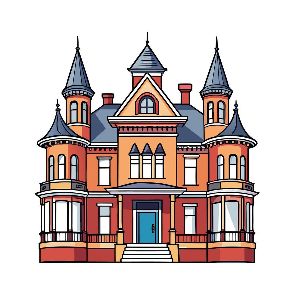 Unique Victorian Mansion with Railings. vector