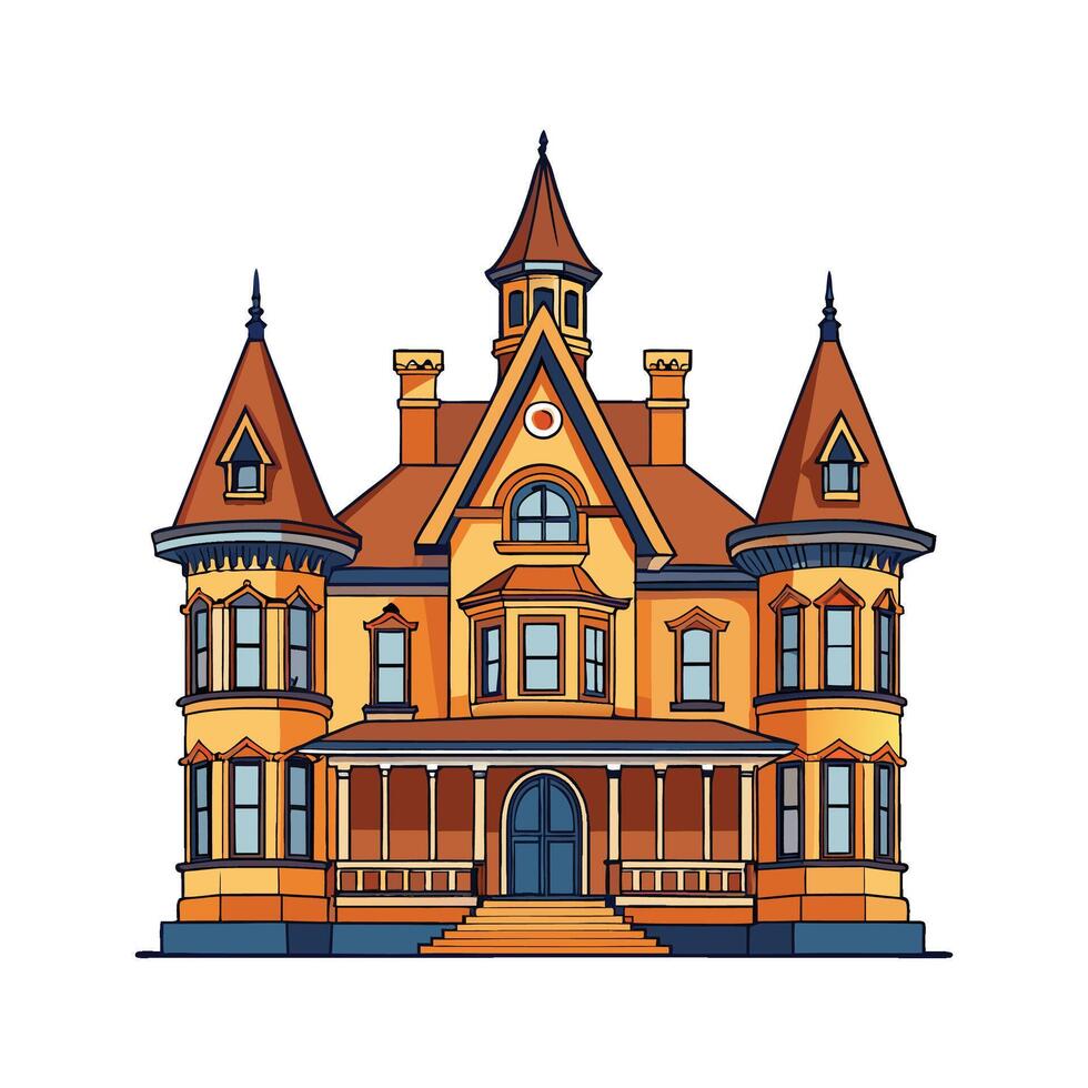 Charming Victorian Mansion with Ornate Windows. vector