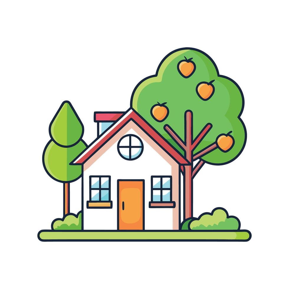 Cozy House With Fruit Tree in its Yard vector
