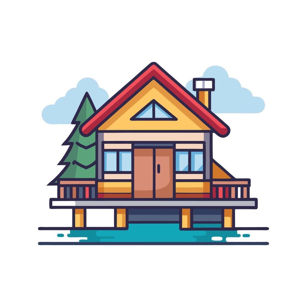 Charming Lake House Featuring Scenic Dock vector