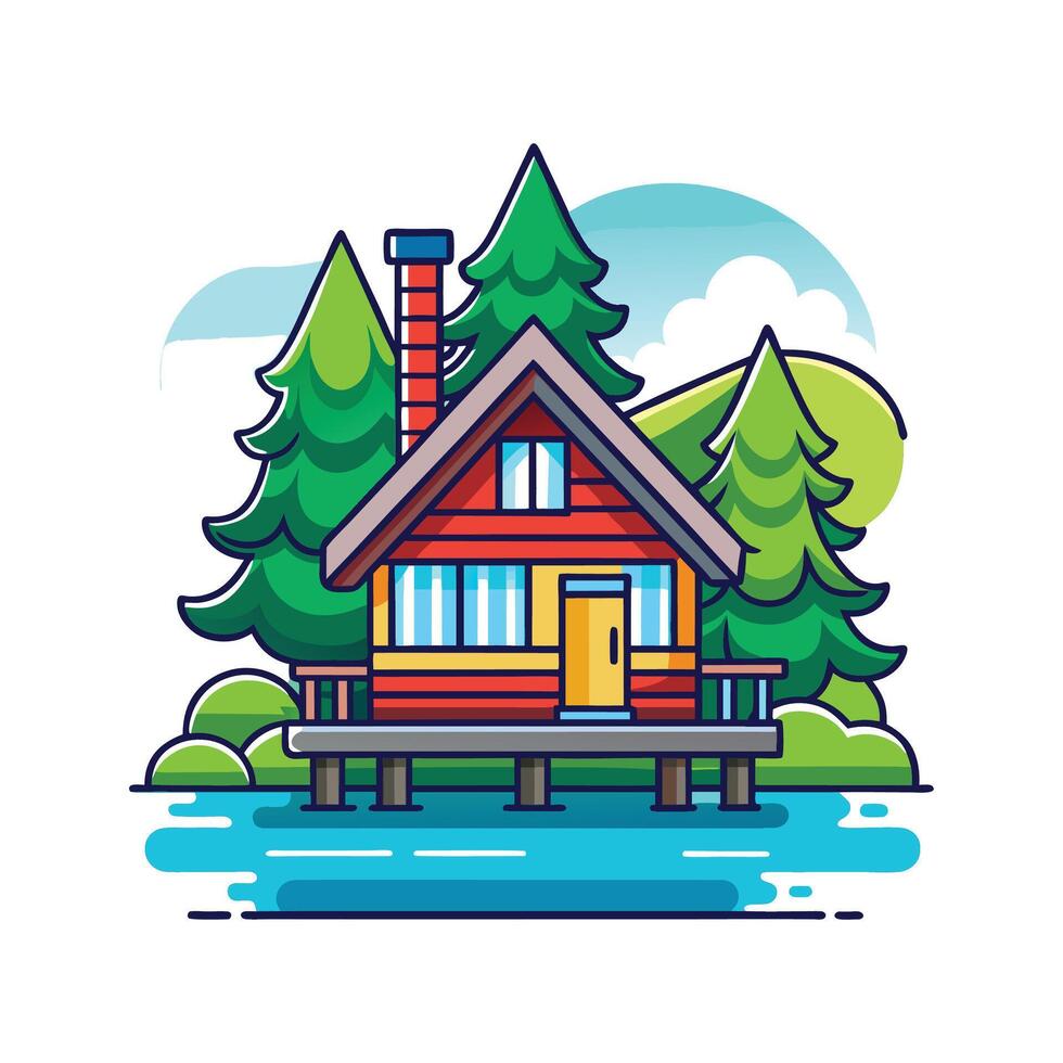 Stylish Lake House with Dock Design vector