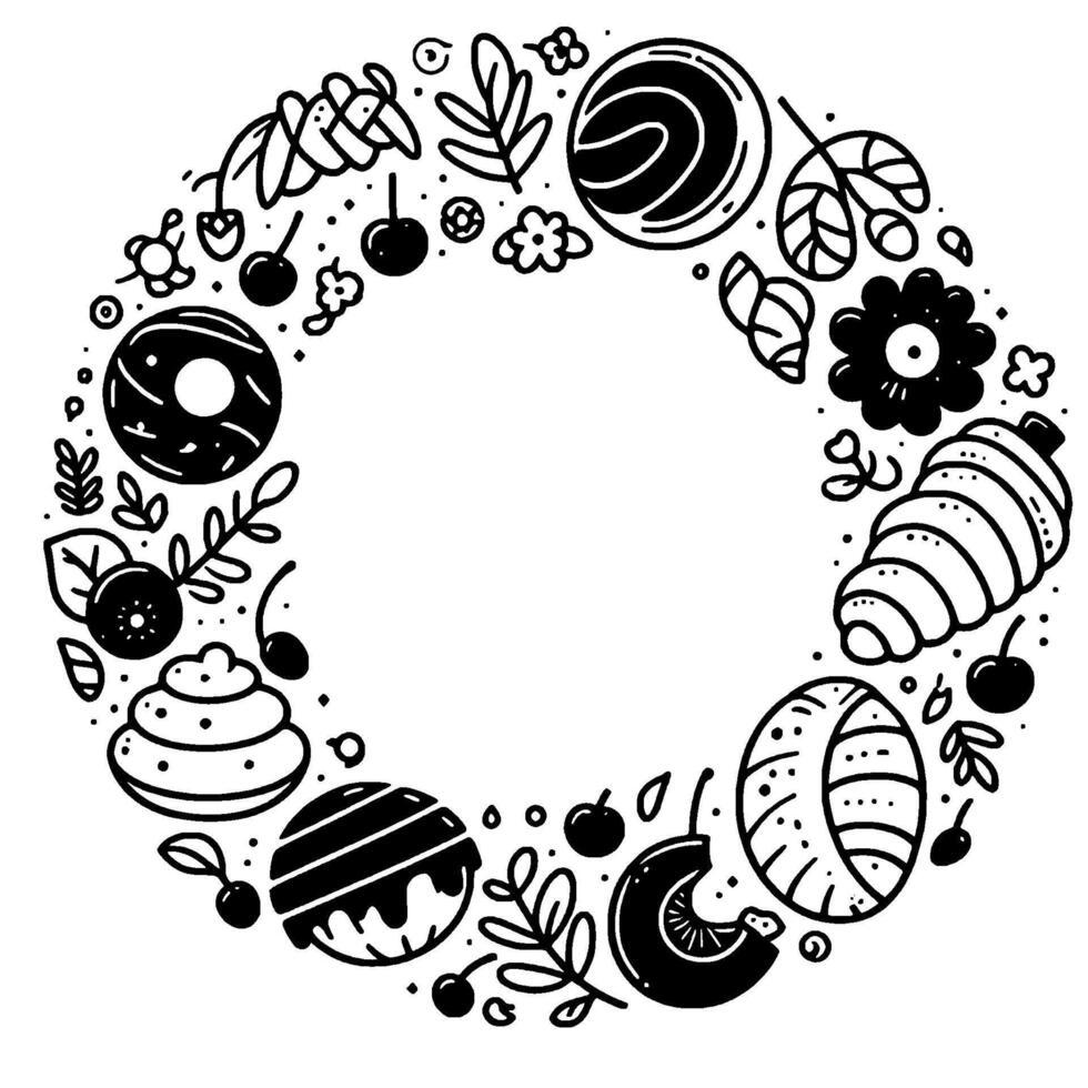 Black and white dessert wreath a circular composition of pastries, berries, and floral accents in minimalist doodle style. vector