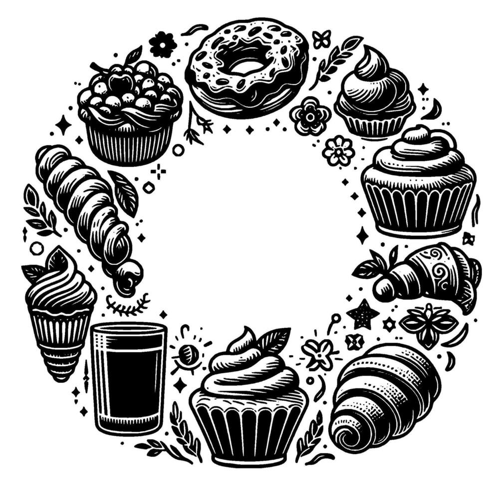 A delightful black and white circular arrangement showcasing baked goods, including cupcakes, a donut, croissants, and an ice cream, with floral and star elements. vector