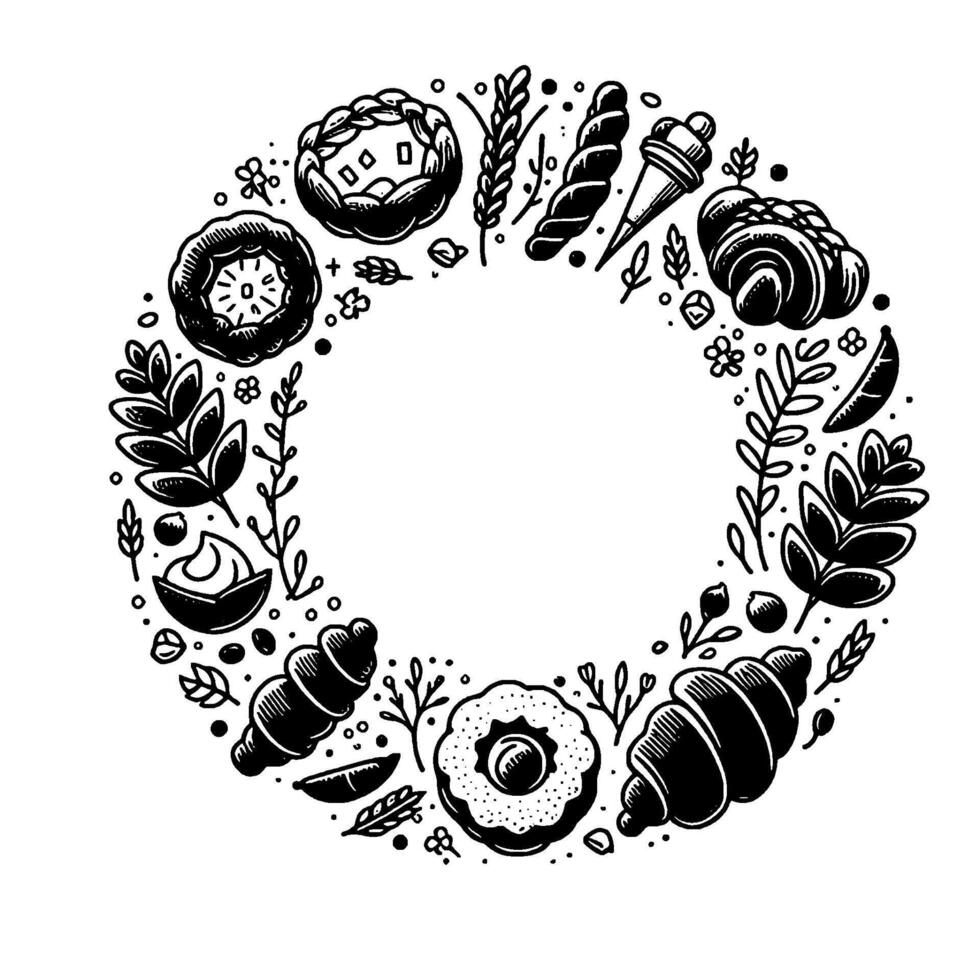 Black and white wreath of baked goods and foliage a circular illustration with bread, pastries, and plants, for bakery designs. vector