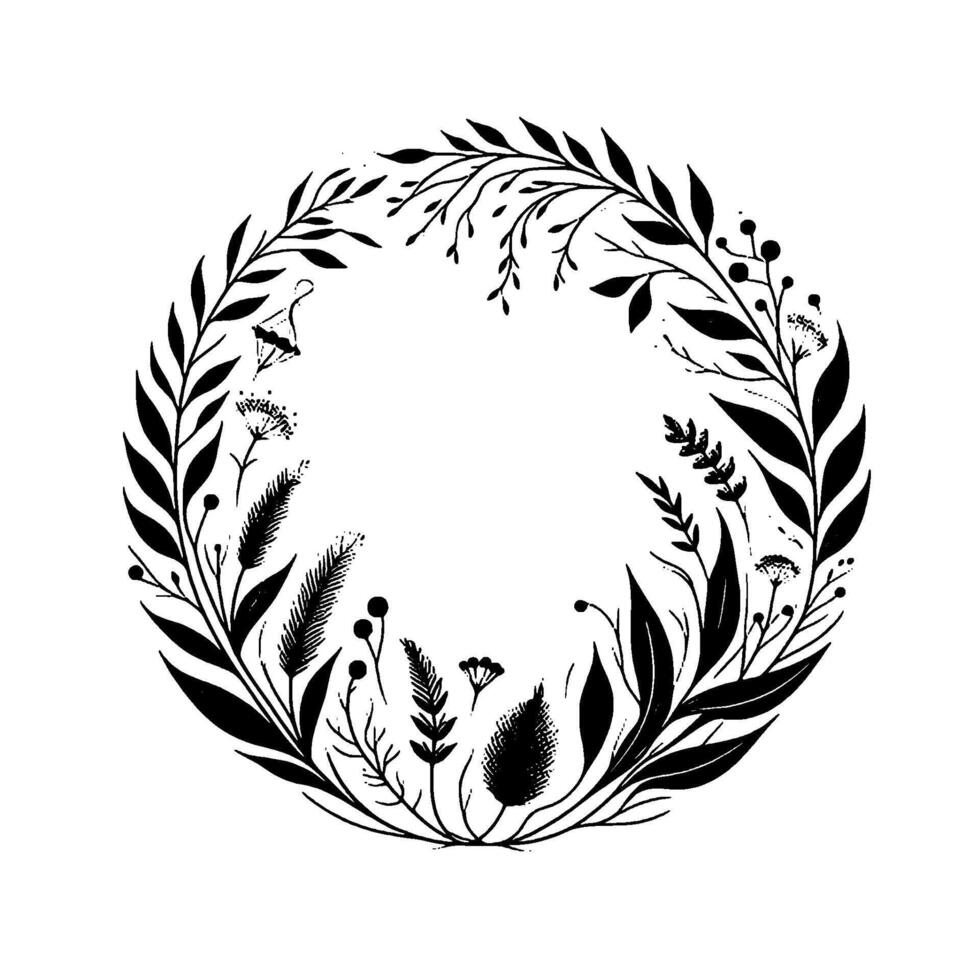 Black and white botanical circular wreath illustration, minimalistic floral arrangement with leaves, stems and flowers, isolated on white background. vector