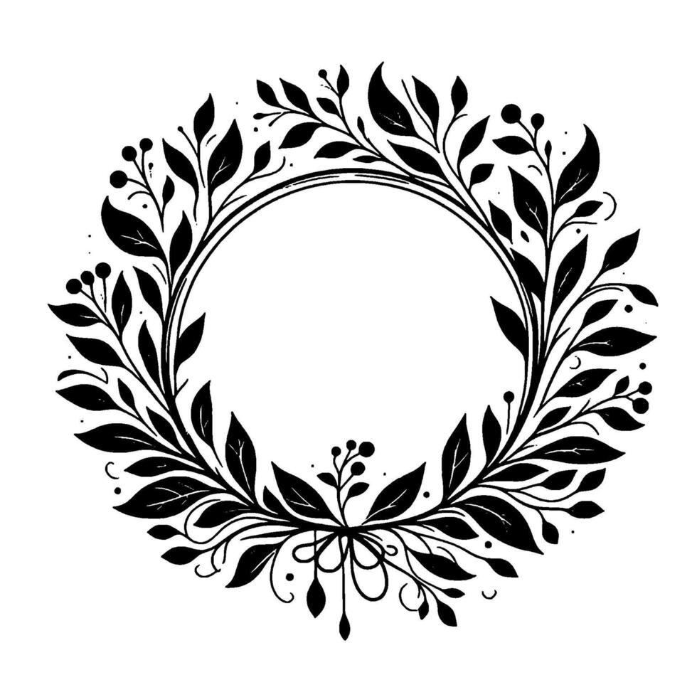Elegant black white floral wreath with leaves, berries, bow, circle frame, minimalist design. vector