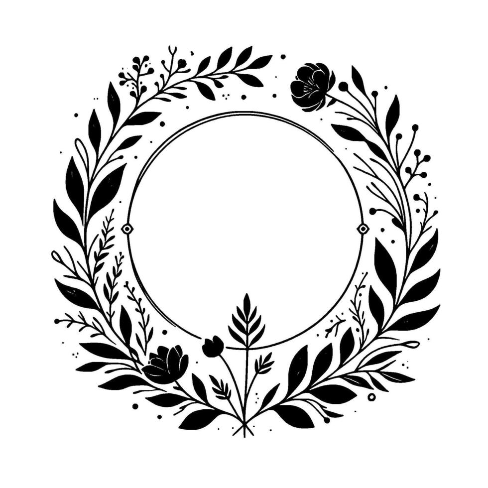 Elegant black white floral wreath illustration, featuring circular frame surrounded by leaves, flowers, and delicate sprigs, evoking natural beauty and minimalist style. vector