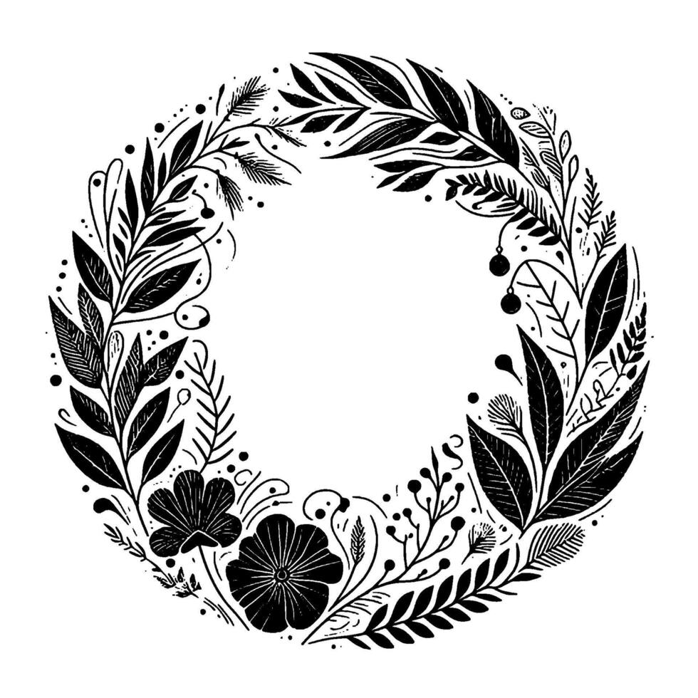 Circular black and white botanical illustration detailed wreath composed of leaves, flowers, berries, and delicate vines. vector
