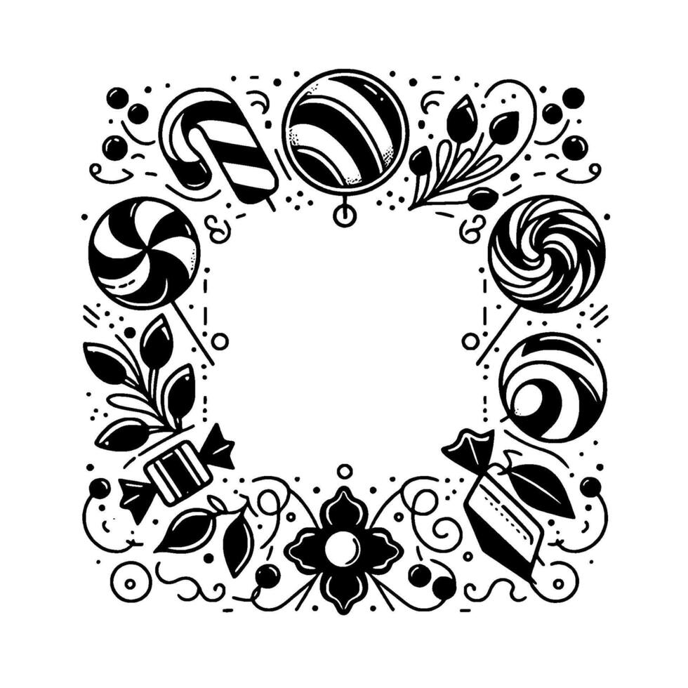 Intricate black white candy frame with lollipops, swirls, candies, and floral elements, forming a decorative border. vector