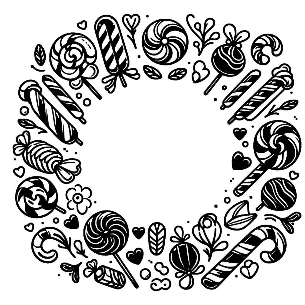 Artistic monochrome candy wreath featuring lollipops, swirls, candies, hearts, flowers, and decorative elements in a circular arrangement with white space. vector