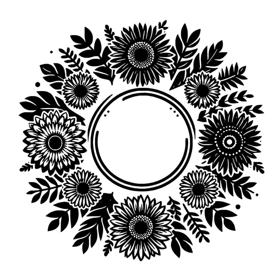Elegant black and white floral wreath with a blank circular center, perfect for personalized greetings, invitations or logos. vector