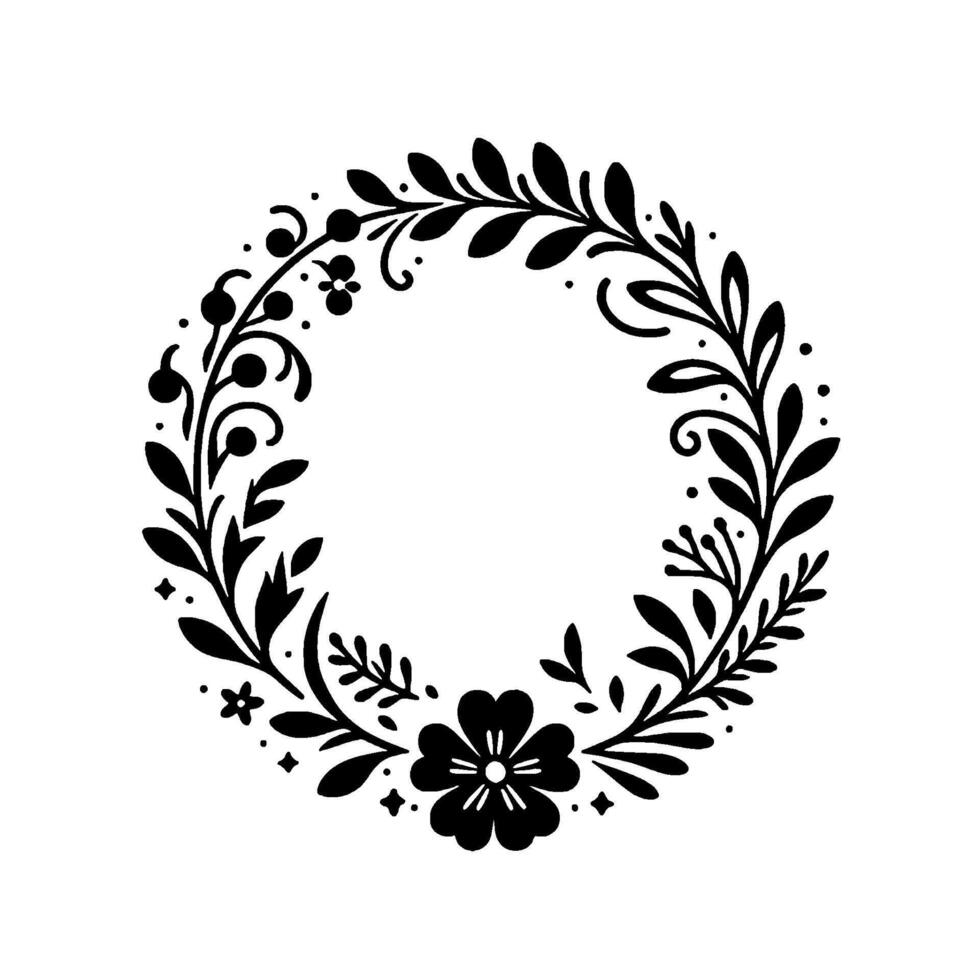 Circular minimalist black and white floral wreath with leafy vines, berries, and detailed flower elements, against a white background. vector