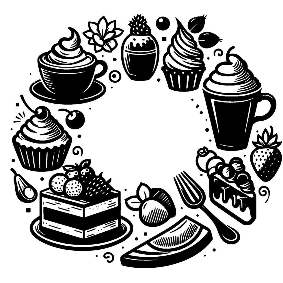 Circular black and white illustration assortment of desserts, cakes, pastries, fruits, beverages and decorative elements. vector