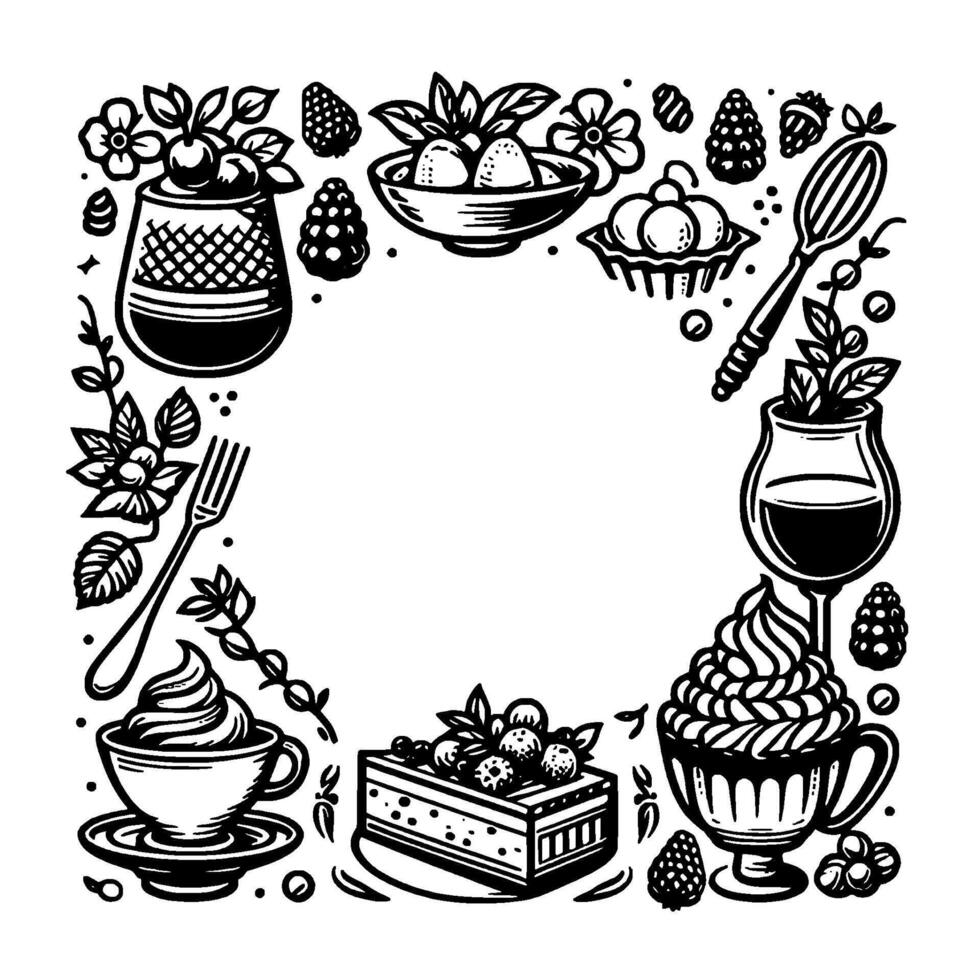 Black and white illustration of a dessertthemed border with various sweet treats, berries, and kitchen tools, with a blank center for text. vector