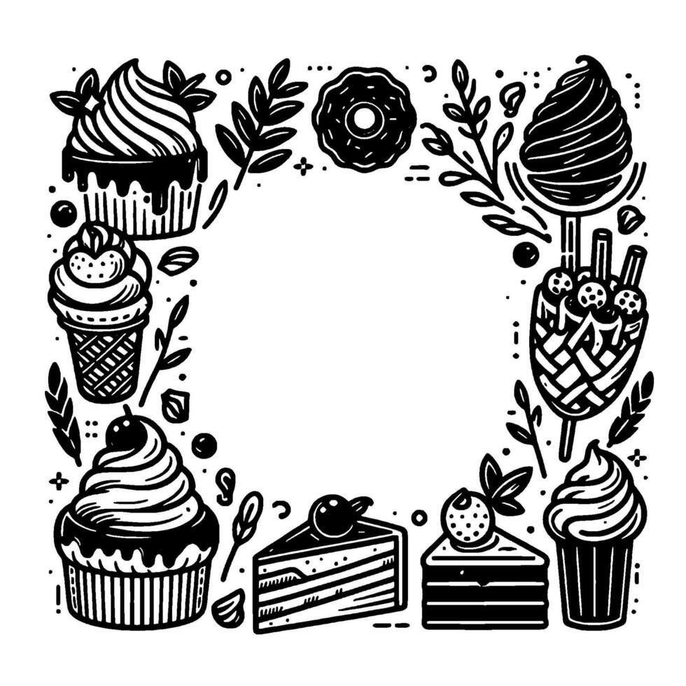 Black and white dessert border cupcakes, ice cream, cake slices, donuts, fruity treats surrounding a blank center vector