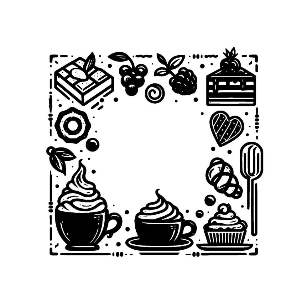 Elegant black and white frame featuring coffee cups, cakes, pastries, berries, and heart, showcasing dessert and caf themed items. vector