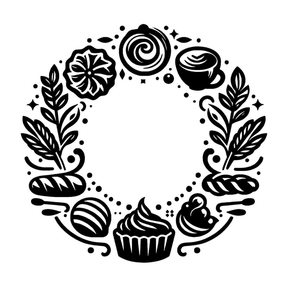 Intricate black and white dessert wreath featuring cakes, coffee, and floral embellishments, designed with a simple, elegant style. vector