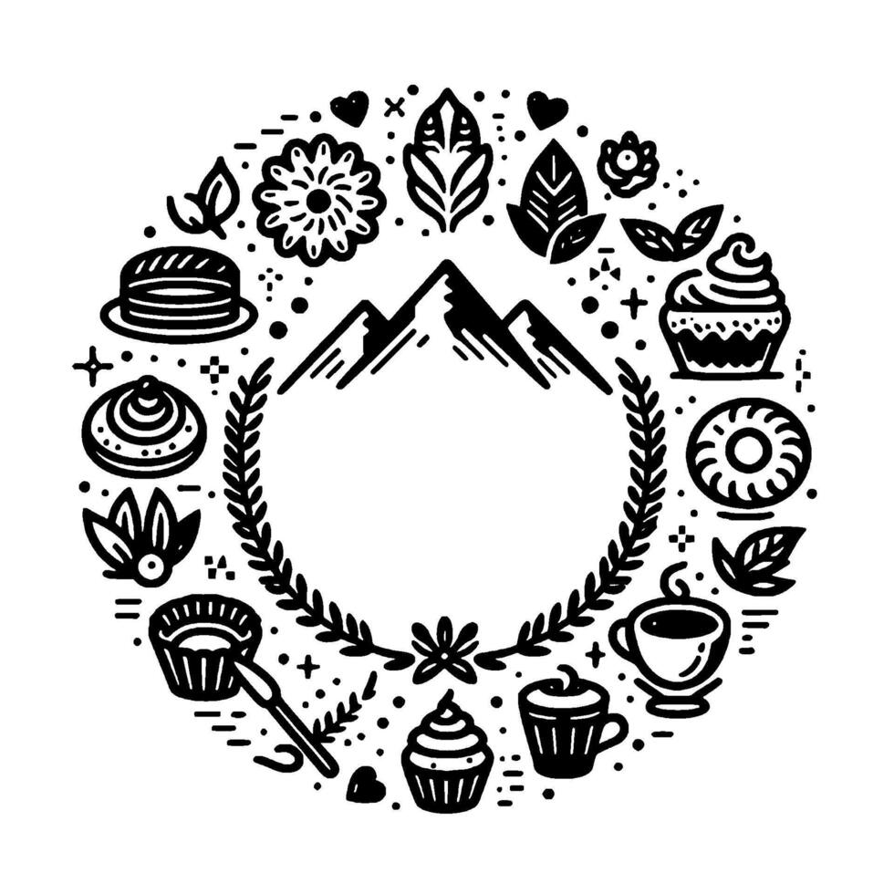 A circular black and white illustration of a mountaincentered wreath, adorned with pastries, floral, and nature elements. vector
