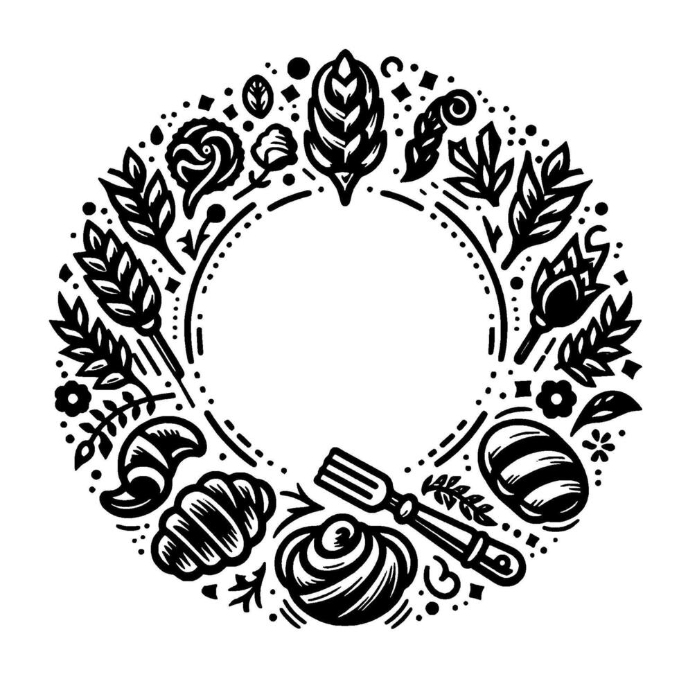 Circular black white bakery illustration breads, fork flourishes frame a central empty space. vector