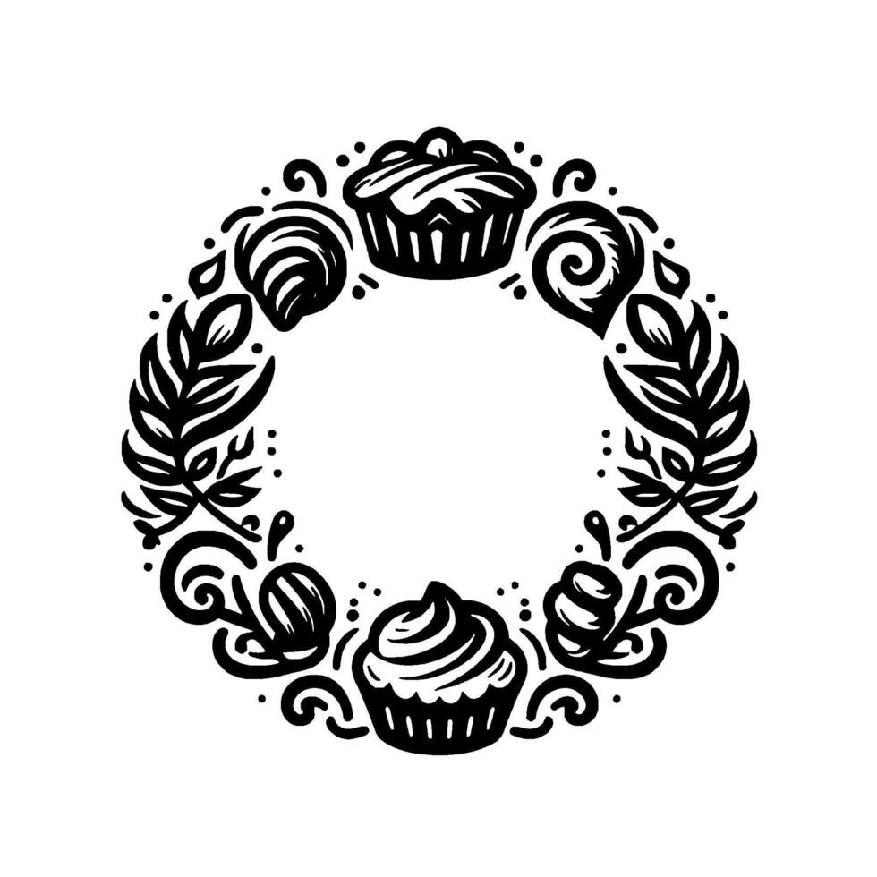 Black and white circular illustration wreath featuring cupcakes, pastries, and foliage, with whimsical, floral, and decorative elements. vector