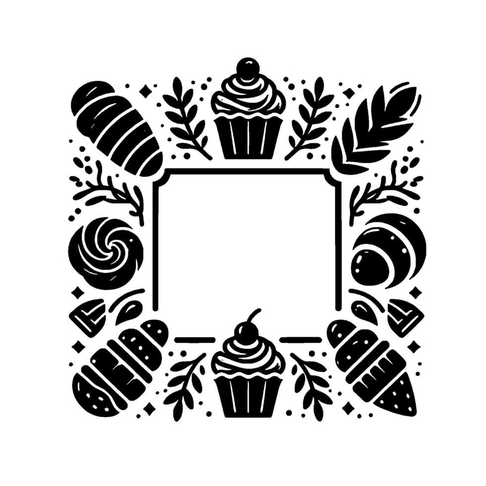 Black and white illustration of a rectangular frame bordered by cupcakes, pastries, and floral elements with a sweet treat theme. vector