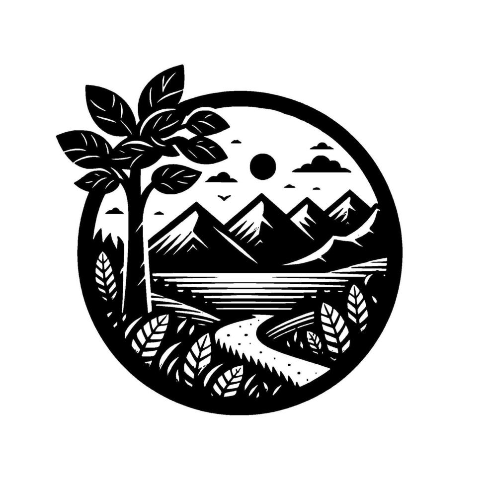 Black and white circular nature illustration featuring a tree, mountains, lake, path, birds, sun, clouds and foliage. vector