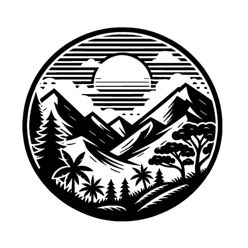Black and white mountain landscape in a circular badge with sun, trees, and a retro aesthetic. vector
