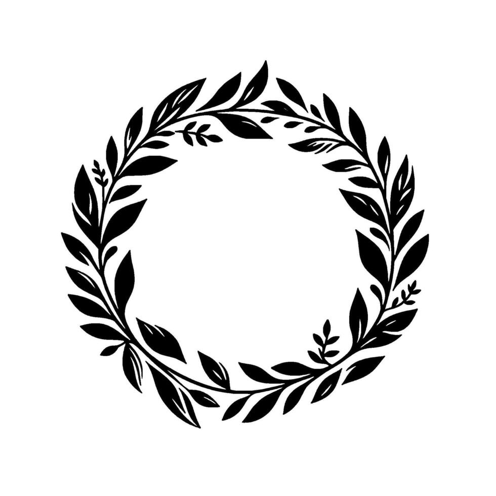 Elegant black and white botanical wreath featuring stylized leaves, perfect for decoration, invitation cards, and logos. vector