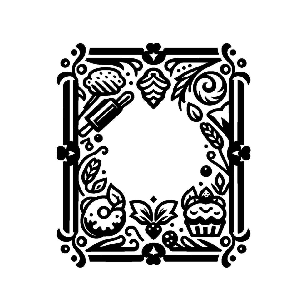 Intricate black and white bakerythemed border with baking tools, sweets, and decorative foliage. vector